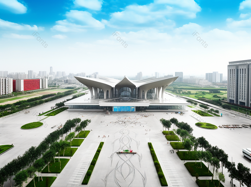 绿化现代未来城市简约对称建筑蓝天白云设计感俯拍摄影,高清,摄影图,摄影图片,图片大全,摄影图免费下载